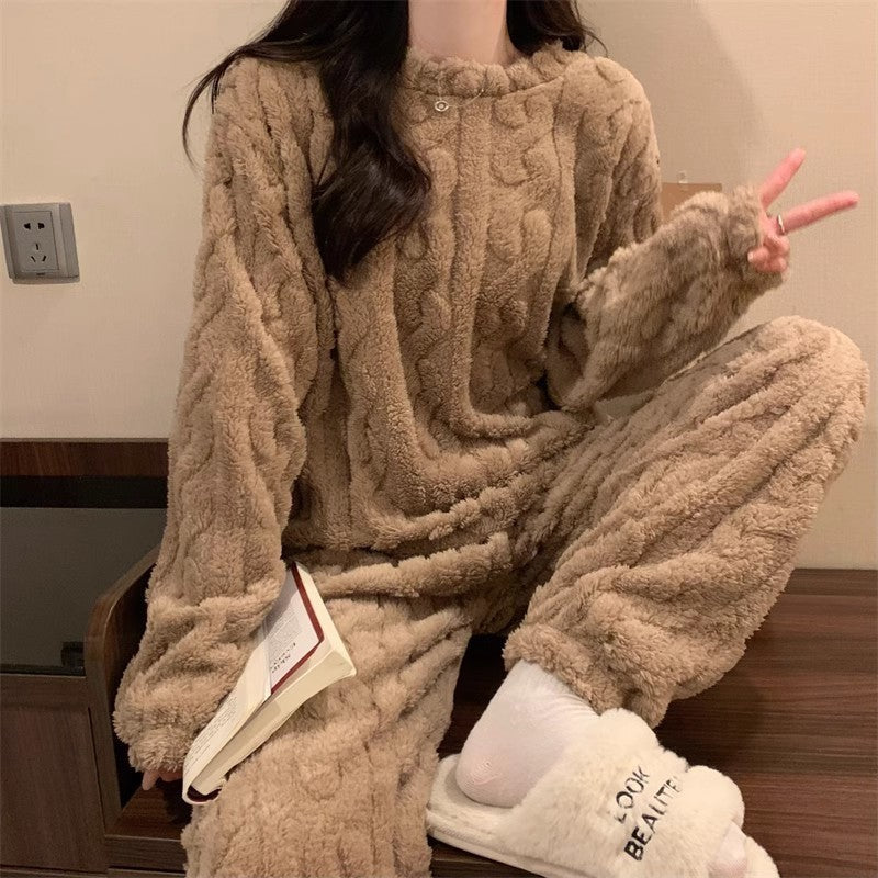 Khaki Coral Fleece Jacquard Thermal Pajama Set â€” Autumn/Winter Fleece-Lined, Thickened, Casual Loungewear