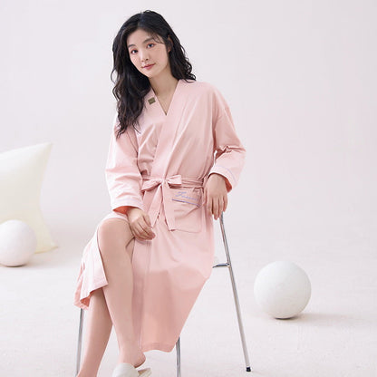 Pink  XL size Women's Cotton Robe â€” Autumn/Winter Bathrobe & Morning Gown | Long Sleeve, Mid-Length, Plus Size | Loose, Comfortable, and Machine Washable | Suitable for All Seasons
