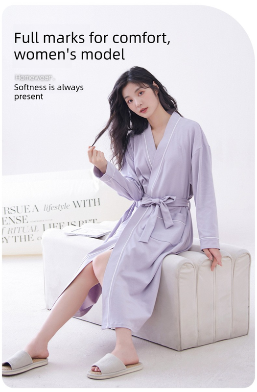 Off-white M size Women's Cotton Robe â€” Autumn/Winter Bathrobe & Morning Gown | Long Sleeve, Mid-Length, Plus Size | Loose, Comfortable, and Machine Washable | Suitable for All Seasons