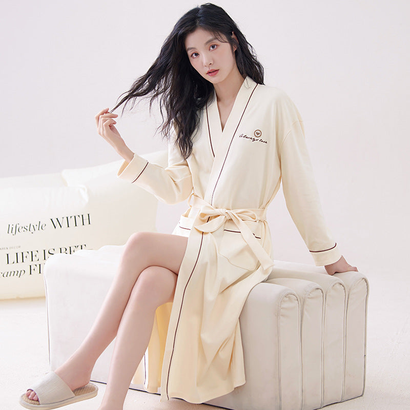 Off-white XL size Women's Cotton Robe â€” Autumn/Winter Bathrobe & Morning Gown | Long Sleeve, Mid-Length, Plus Size | Loose, Comfortable, and Machine Washable | Suitable for All Seasons