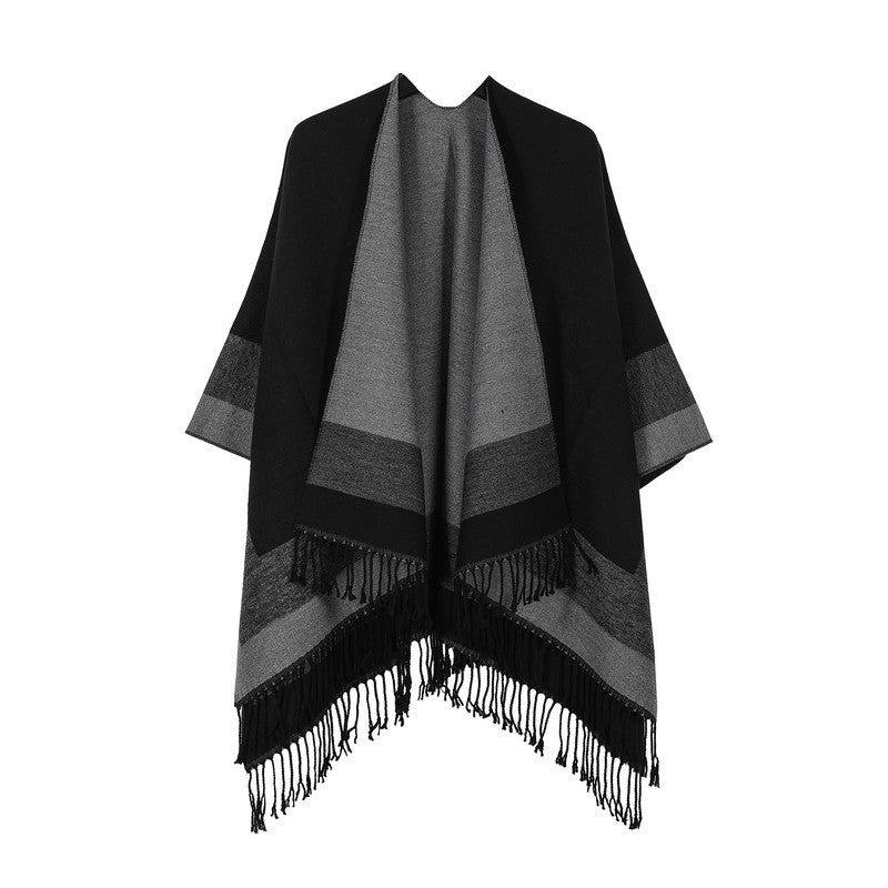 Black elegant women's tassel cape shawl scarf, multi-functional all-in-one warm and comfortable winter shawl scarf, convenient for home, travel, and office wear, stylish and beautiful with tassels.