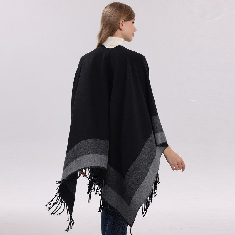 Black elegant women's tassel cape shawl scarf, multi-functional all-in-one warm and comfortable winter shawl scarf, convenient for home, travel, and office wear, stylish and beautiful with tassels.