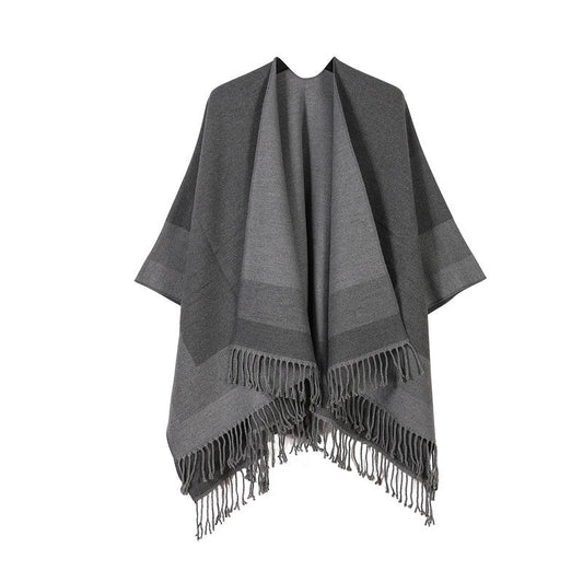 Grey elegant women's tassel cape shawl scarf, multi-functional all-in-one warm and comfortable winter shawl scarf, convenient for home, travel, and office wear, stylish and beautiful with tassels.