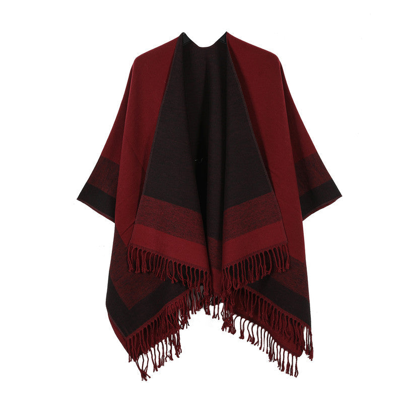 Red elegant women's tassel cape shawl scarf, multi-functional all-in-one warm and comfortable winter shawl scarf, convenient for home, travel, and office wear, stylish and beautiful with tassels.