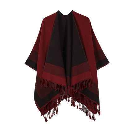 Red elegant women's tassel cape shawl scarf, multi-functional all-in-one warm and comfortable winter shawl scarf, convenient for home, travel, and office wear, stylish and beautiful with tassels.