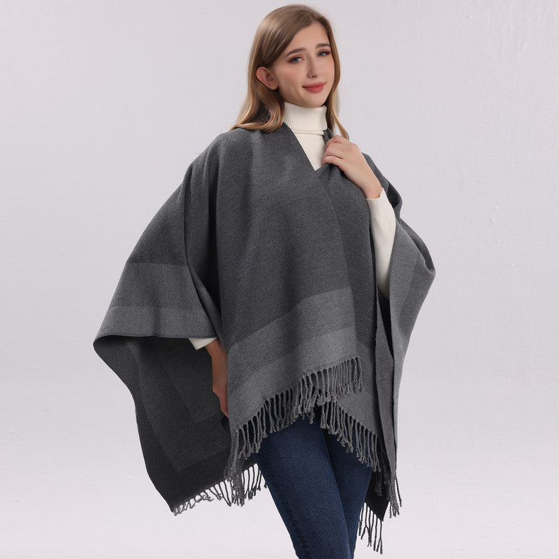 Red elegant women's tassel cape shawl scarf, multi-functional all-in-one warm and comfortable winter shawl scarf, convenient for home, travel, and office wear, stylish and beautiful with tassels.