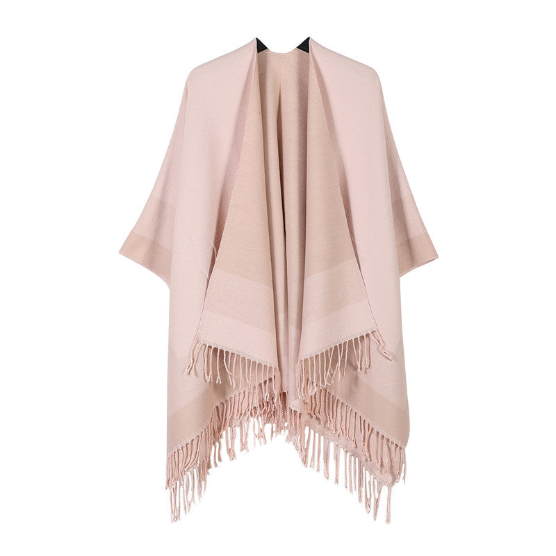 Pink elegant women's tassel cape shawl scarf, multi-functional all-in-one warm and comfortable winter shawl scarf, convenient for home, travel, and office wear, stylish and beautiful with tassels.