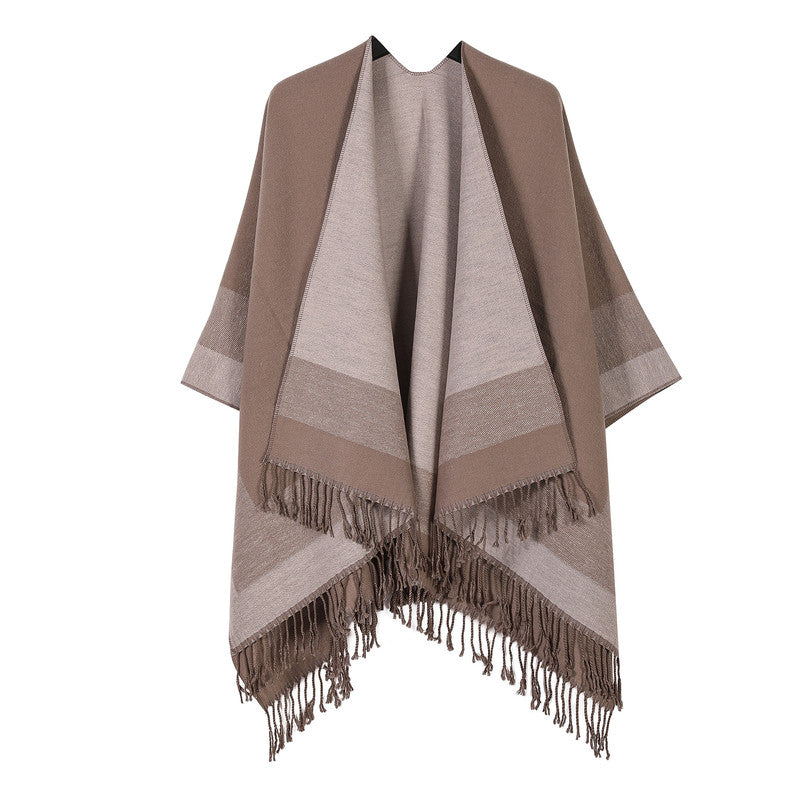 Khaki elegant women's tassel cape shawl scarf, multi-functional all-in-one warm and comfortable winter shawl scarf, convenient for home, travel, and office wear, stylish and beautiful with tassels.