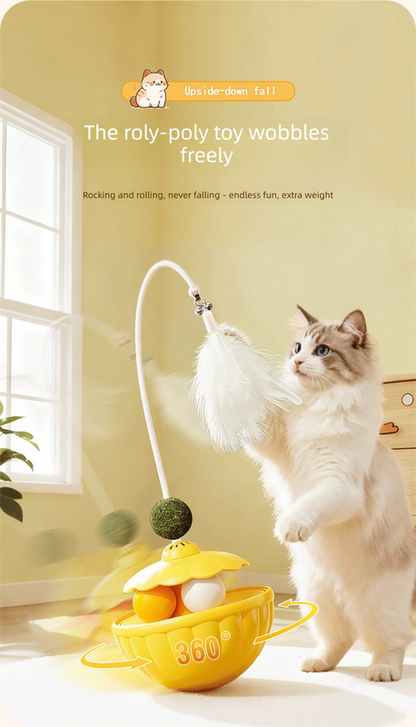 Yellow 2Pcs Interactive Cat Wobble Toy Set - Dual Ball Turntable & Feeder with Feather Teaser and Catnip Ball - PP Plastic for Kitten Self-Entertainment
