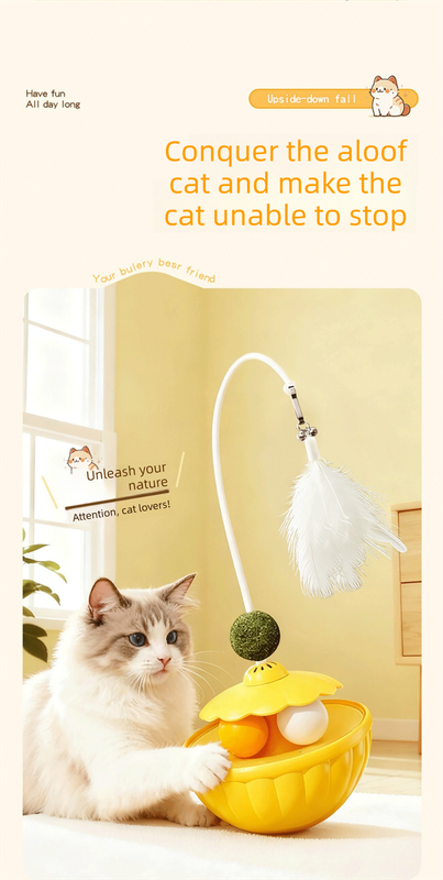 Yellow 2Pcs Interactive Cat Wobble Toy Set - Dual Ball Turntable & Feeder with Feather Teaser and Catnip Ball - PP Plastic for Kitten Self-Entertainment