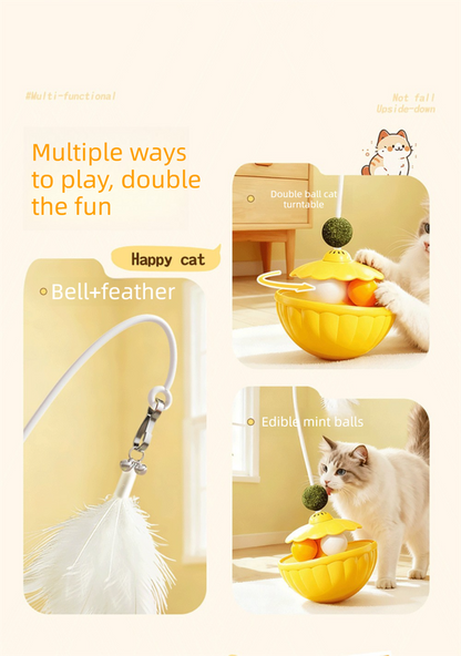 Green 2Pcs Interactive Cat Wobble Toy Set - Dual Ball Turntable & Feeder with Feather Teaser and Catnip Ball - PP Plastic for Kitten Self-Entertainment