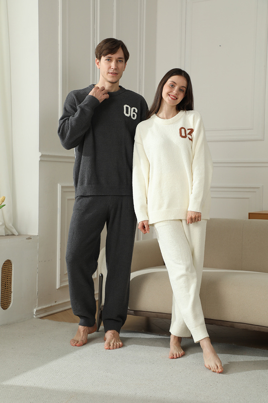 Dark Gray Men's Warm & Cozy Semi-Flannel Couple's Pajamas â€” Knitted Digital Pattern, Soft Fleece Fabric, Pullover Style: The Ideal Choice for Loungewear in Autumn and Winter