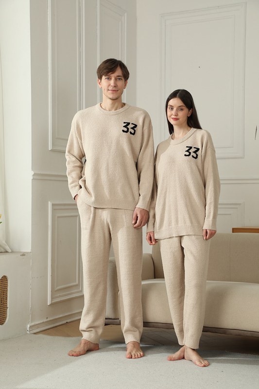Khaki Men's Warm & Cozy Semi-Flannel Couple's Pajamas â€” Knitted Digital Pattern, Soft Fleece Fabric, Pullover Style: The Ideal Choice for Loungewear in Autumn and Winter