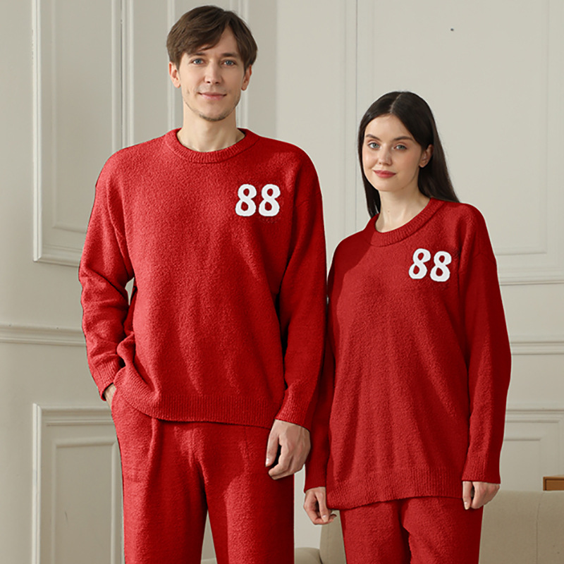 2-Piece Red Warm and Comfortable Flannel Couple Pajamas â€“ Knitted Number Pattern, Soft Fleece Material, Pullover Style, Perfect for Autumn and Winter at Home