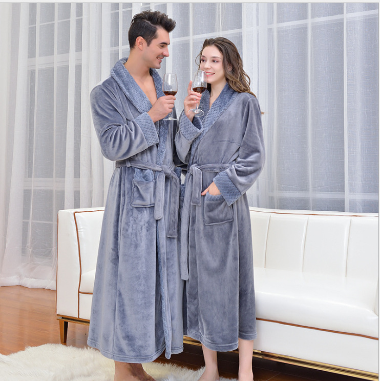Grey L size Plush Flannel Robe for Couples - Thickened Warm Bathrobe with Shawl Collar, Soft Fleece Material, Unisex Long Style for Winter Home Wear