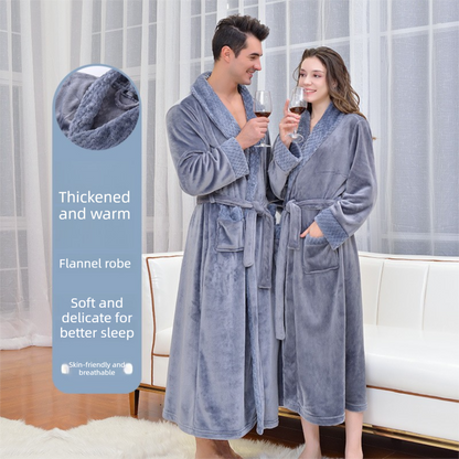 Grey L size Plush Flannel Robe for Couples - Thickened Warm Bathrobe with Shawl Collar, Soft Fleece Material, Unisex Long Style for Winter Home Wear
