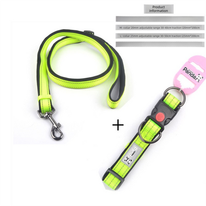 Green L size Vibrant Reflective Dog Collar and Leash Set - Adjustable Nylon Pet Harness with Comfortable Padding