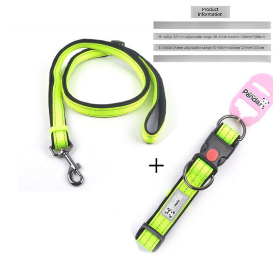 Green L size Vibrant Reflective Dog Collar and Leash Set - Adjustable Nylon Pet Harness with Comfortable Padding