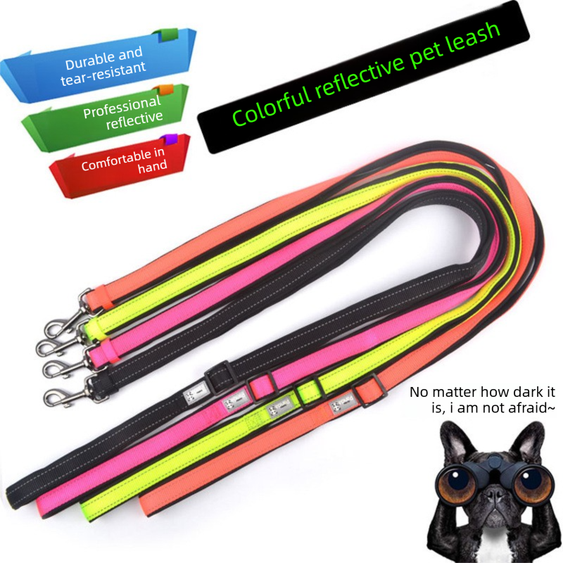 Green L size Vibrant Reflective Dog Collar and Leash Set - Adjustable Nylon Pet Harness with Comfortable Padding