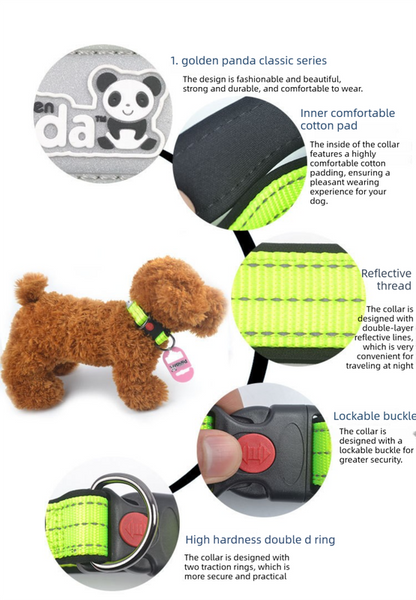Green L size Vibrant Reflective Dog Collar and Leash Set - Adjustable Nylon Pet Harness with Comfortable Padding
