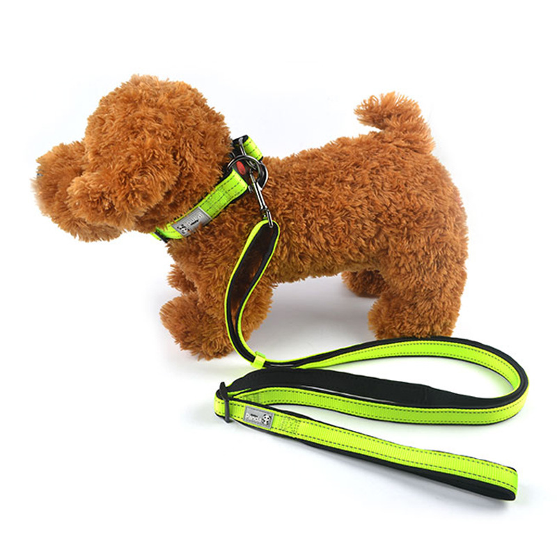 Green L size Vibrant Reflective Dog Collar and Leash Set - Adjustable Nylon Pet Harness with Comfortable Padding