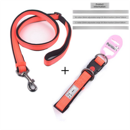 Orange L size Vibrant Reflective Dog Collar and Leash Set - Adjustable Nylon Pet Harness with Comfortable Padding