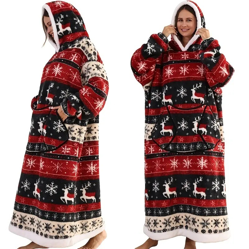 Skull Design Oversized Hooded Blanket for Adults - Ultra Soft & Warm Wearable Fleece Throw with Giant Pocket, Perfect for Winter, Christmas & Valentine's Day