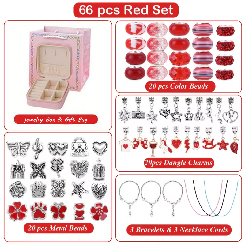 66-Piece Red Gift Bag Craft Set (Includes Beads, Charms, and Storage Case) -Unicorn DIY Bracelet Kit â€“ Creative Jewelry Making Gift for Girls Ages 3+