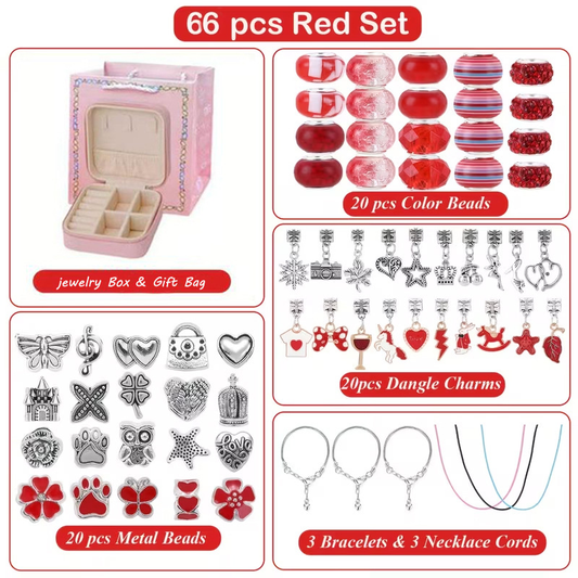 66-Piece Red Gift Bag Craft Set (Includes Beads, Charms, and Storage Case) -Unicorn DIY Bracelet Kit â€“ Creative Jewelry Making Gift for Girls Ages 3+
