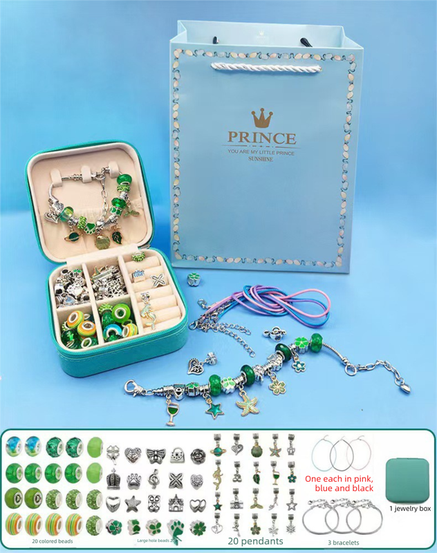 66-Piece Green Gift Bag Craft Set (Includes Beads, Charms, and Storage Case) -Unicorn DIY Bracelet Kit â€“ Creative Jewelry Making Gift for Girls Ages 3+