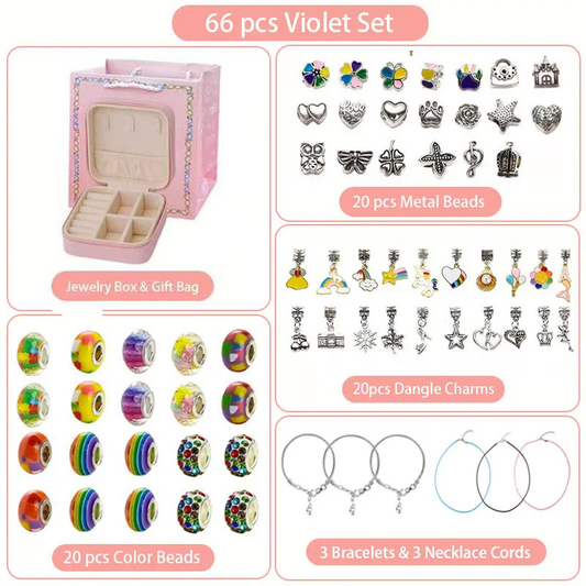 66-Piece Colorful Gift Bag Craft Set (Includes Beads, Charms, and Storage Case) -Unicorn DIY Bracelet Kit â€“ Creative Jewelry Making Gift for Girls Ages 3+
