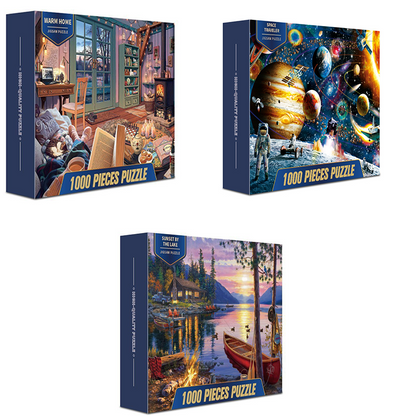 3 PCS 1000 Piece Jigsaw Puzzle for Adults - Animal & Landscape Art Design, Stress Relief Brain Game - Premium Quality Paper Puzzle for Teens Adults Ages 14+ ã€Space+home+lakeã€‘