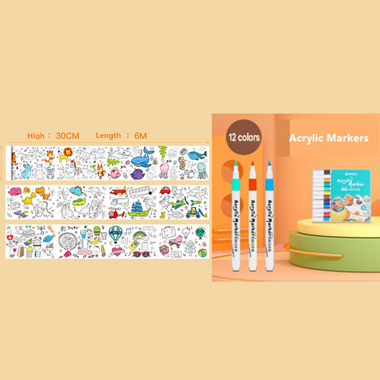 2 Piece- 6M Coloring Scroll Drawing Paper and 12-Color Marker Set, Giant Doodle Art Mural for Wall, Jumbo Coloring Poster Roll,  Creative Art Activity