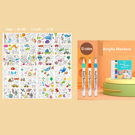 2 Piece- 12M Coloring Scroll Drawing Paper and 12-Color Marker Set, Giant Doodle Art Mural for Wall, Jumbo Coloring Poster Roll,  Creative Art Activity