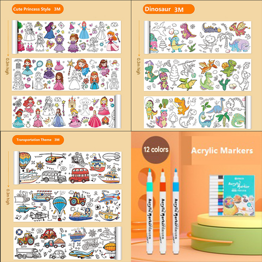 4 Piece- 3pce*3M  Coloring Scroll Drawing Paper and 12-Color Marker Set, Giant Doodle Art Mural for Wall, Jumbo Coloring Poster Roll,  Creative Art Activity