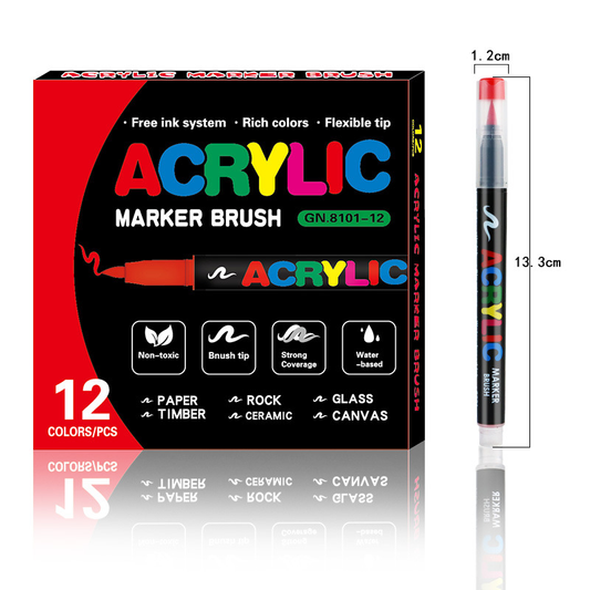 12-Color Liquid Acrylic Paint Markers â€” Soft Brush Tip| Art & Painting Supplies | Automatic Ink Control System | Suitable for Various Surfaces (Rock, Glass, Wood, Fabric, PP Materials) | Recommended Age: 3+