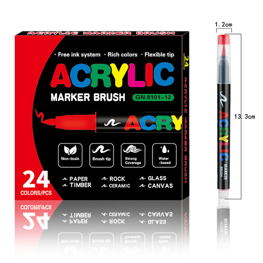 24-Color Liquid Acrylic Paint Markers â€” Soft Brush Tip| Art & Painting Supplies | Automatic Ink Control System | Suitable for Various Surfaces (Rock, Glass, Wood, Fabric, PP Materials) | Recommended Age: 3+