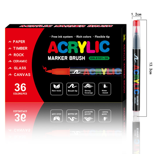 36-Color Liquid Acrylic Paint Markers â€” Soft Brush Tip| Art & Painting Supplies | Automatic Ink Control System | Suitable for Various Surfaces (Rock, Glass, Wood, Fabric, PP Materials) | Recommended Age: 3+