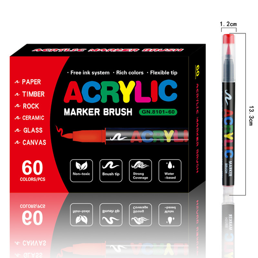 60-Color Liquid Acrylic Paint Markers â€” Soft Brush Tip| Art & Painting Supplies | Automatic Ink Control System | Suitable for Various Surfaces (Rock, Glass, Wood, Fabric, PP Materials) | Recommended Age: 3+