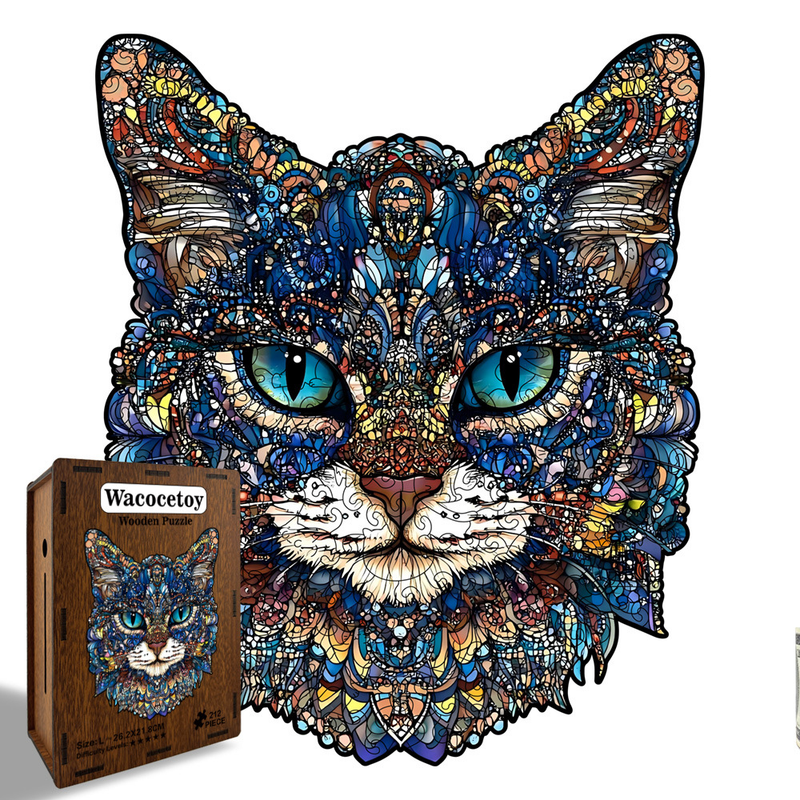 L Style Blue-Eyed Cat Wooden Jigsaw Puzzle -Irregular Animal Shaped Puzzle with DIY Piggy Bank Option, Laser Cut 3D Craft, Stress Relief Brain Game Gift for Adults 14+