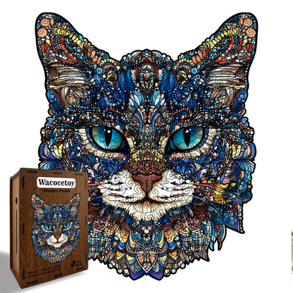 L Style Blue-Eyed Cat Wooden Jigsaw Puzzle -Irregular Animal Shaped Puzzle with DIY Piggy Bank Option, Laser Cut 3D Craft, Stress Relief Brain Game Gift for Adults 14+