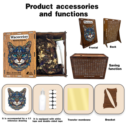L Style Blue-Eyed Cat Wooden Jigsaw Puzzle -Irregular Animal Shaped Puzzle with DIY Piggy Bank Option, Laser Cut 3D Craft, Stress Relief Brain Game Gift for Adults 14+