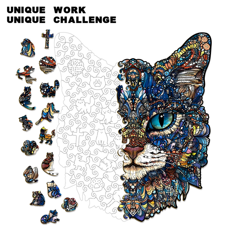 M Style Blue-Eyed Cat Wooden Jigsaw Puzzle -Irregular Animal Shaped Puzzle with DIY Piggy Bank Option, Laser Cut 3D Craft, Stress Relief Brain Game Gift for Adults 14+