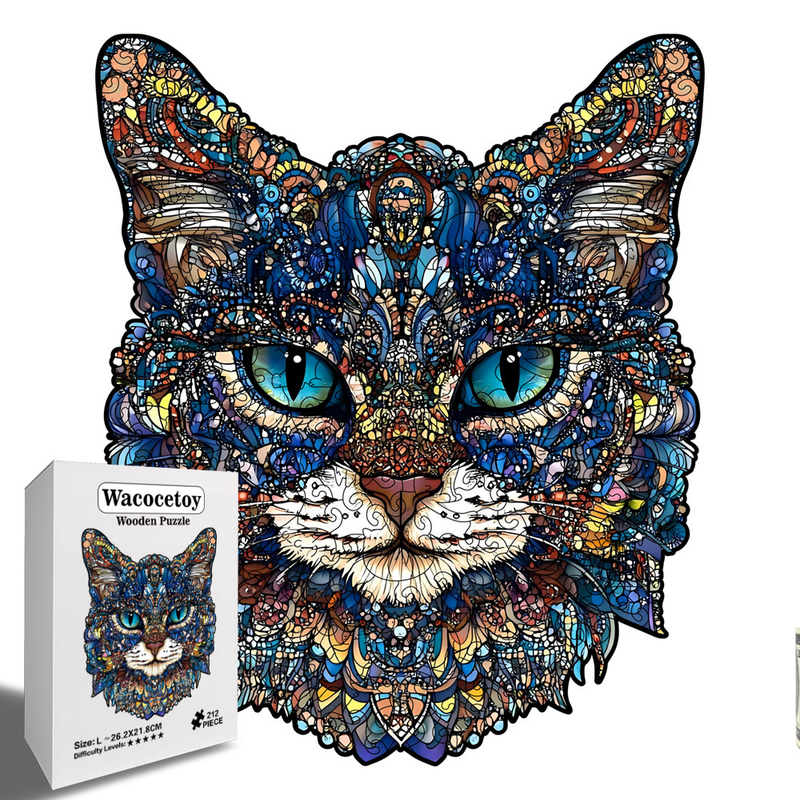 L Style Blue-Eyed Cat Wooden Jigsaw Puzzle -Irregular Animal Shaped Puzzle, Laser Cut 3D Craft, Stress Relief Brain Game Gift for Adults 14+