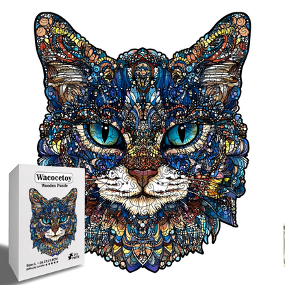 M Style Blue-Eyed Cat Wooden Jigsaw Puzzle -Irregular Animal Shaped Puzzle, Laser Cut 3D Craft, Stress Relief Brain Game Gift for Adults 14+