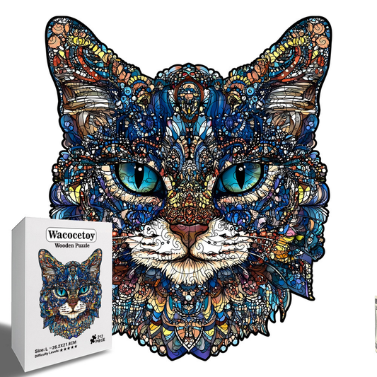 M Style Blue-Eyed Cat Wooden Jigsaw Puzzle -Irregular Animal Shaped Puzzle, Laser Cut 3D Craft, Stress Relief Brain Game Gift for Adults 14+