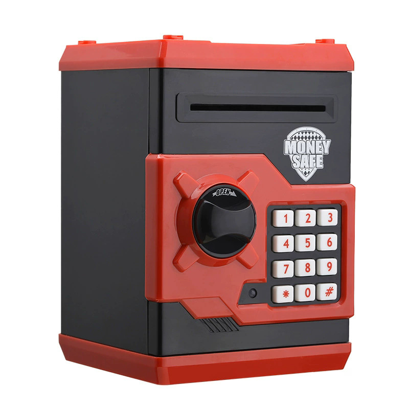 Black and Red Electronic Password Piggy Bank â€” An ATM-style automatic money-rolling safe featuring a digital keypad lock, 4-digit password security, and a coin slot. Powered by three AA batteries (not included), this educational and development