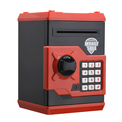 Black and Red Electronic Password Piggy Bank â€” An ATM-style automatic money-rolling safe featuring a digital keypad lock, 4-digit password security, and a coin slot. Powered by three AA batteries (not included), this educational and development