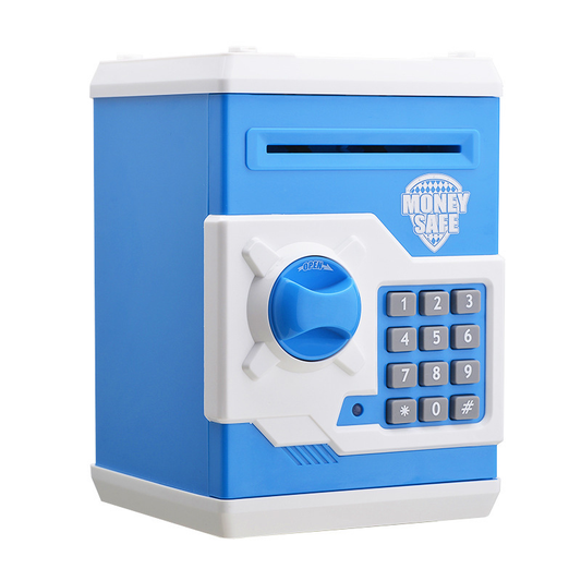 Blue and White Electronic Password Piggy Bank â€” An ATM-style automatic money-rolling safe featuring a digital keypad lock, 4-digit password security, and a coin slot. Powered by three AA batteries (not included), this educational and developmen