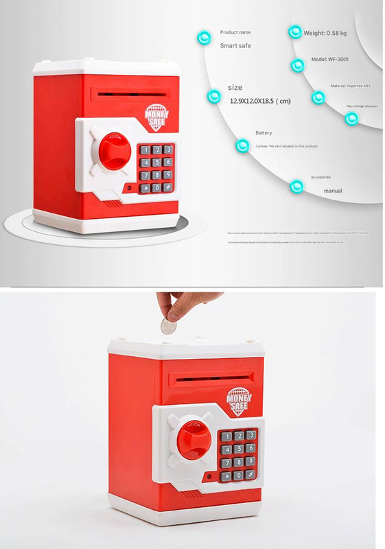 Blue and White Electronic Password Piggy Bank â€” An ATM-style automatic money-rolling safe featuring a digital keypad lock, 4-digit password security, and a coin slot. Powered by three AA batteries (not included), this educational and developmen